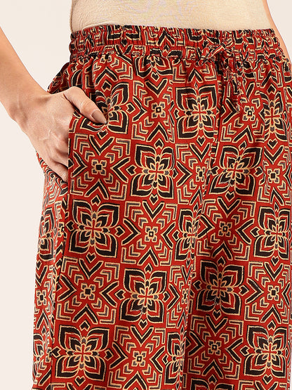 Red Ajrakh Straight Cotton Stitched Kurta With Palazzo