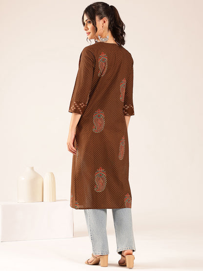 Brown Polka Dots Straight Cotton Stitched Kurta