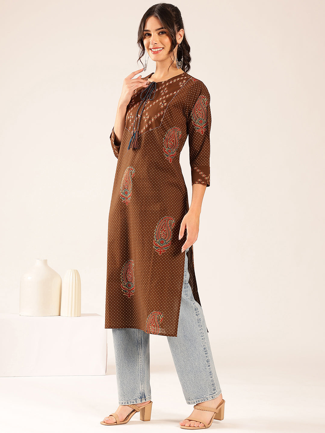 Brown Polka Dots Straight Cotton Stitched Kurta
