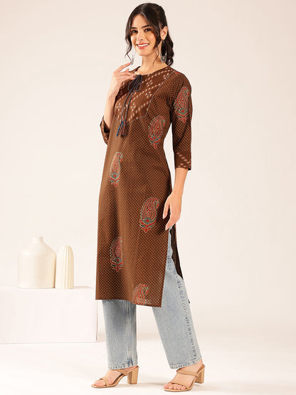 Brown Polka Dots Straight Cotton Stitched Kurta