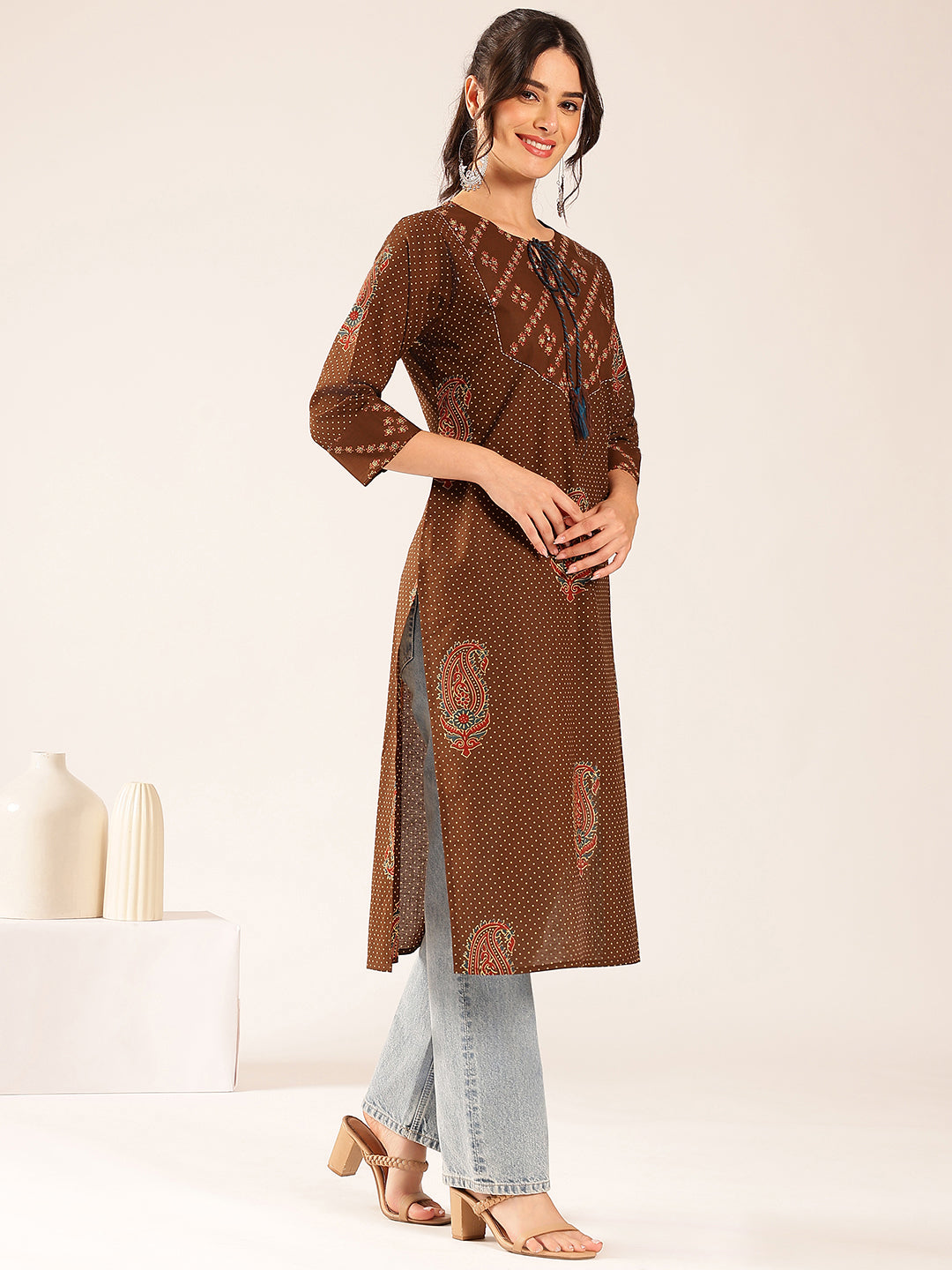 Brown Polka Dots Straight Cotton Stitched Kurta
