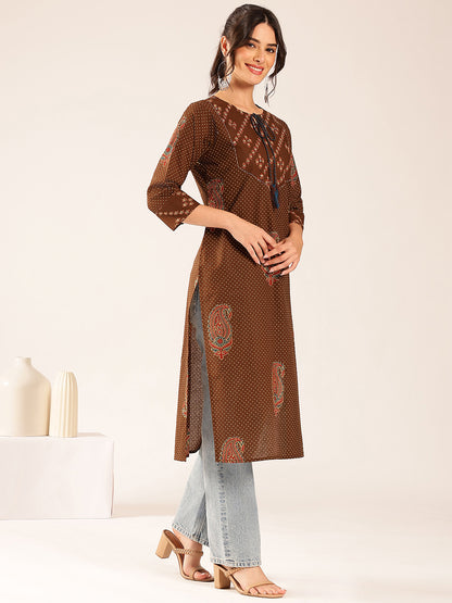 Brown Polka Dots Straight Cotton Stitched Kurta