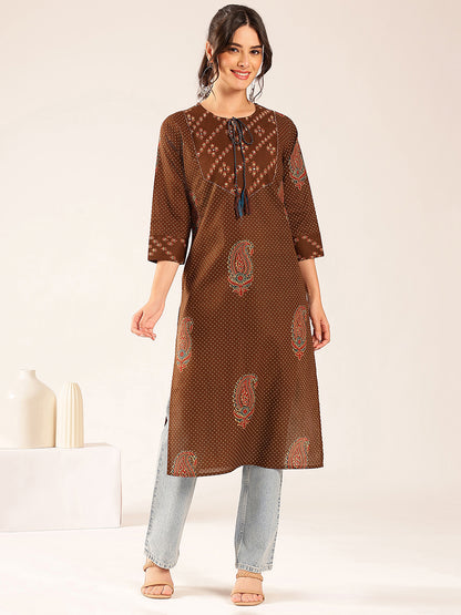 Brown Polka Dots Straight Cotton Stitched Kurta