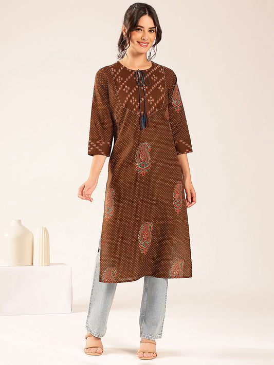 Brown Polka Dots Straight Cotton Stitched Kurta