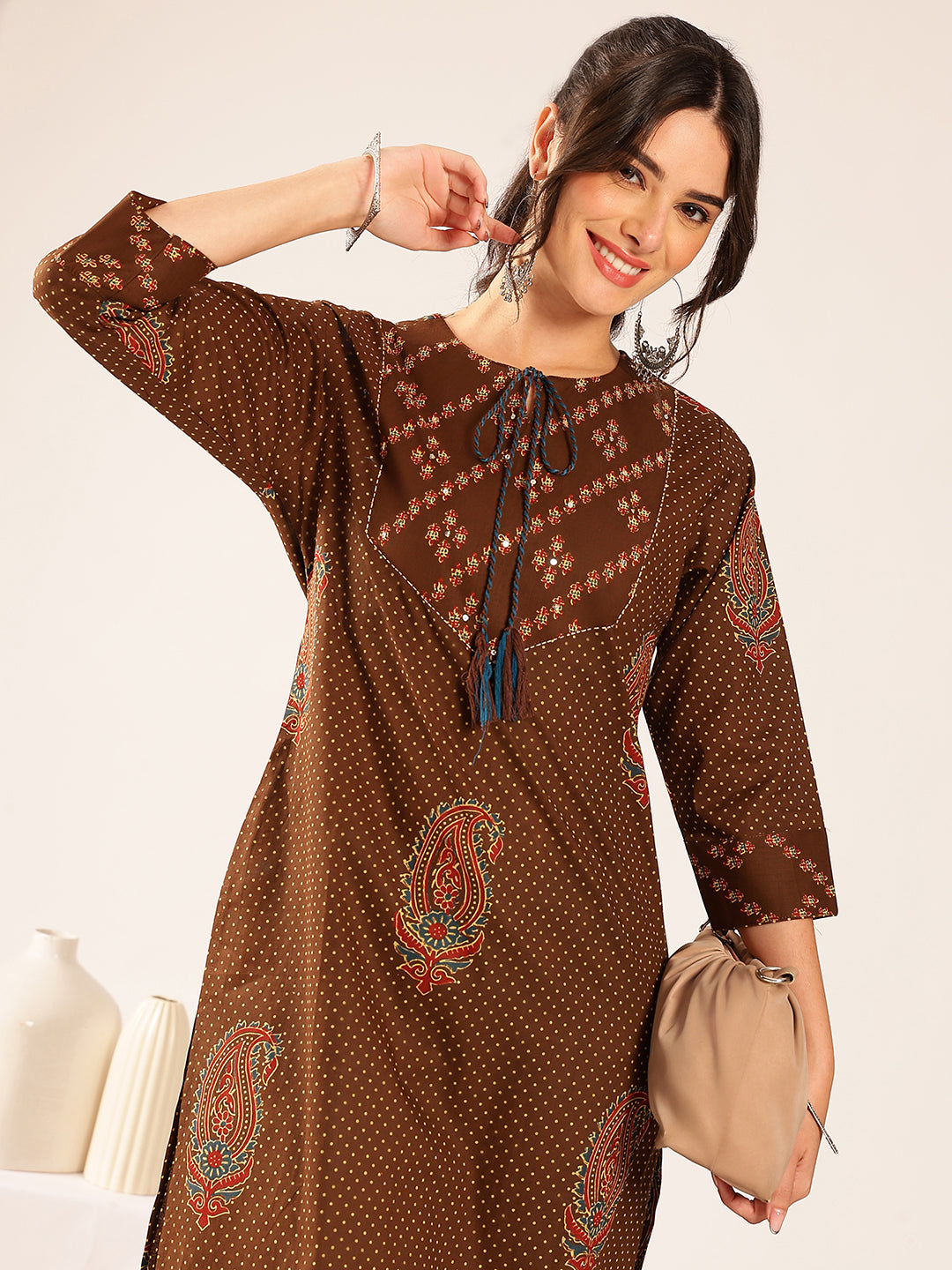 Brown Polka Dots Straight Cotton Stitched Kurta
