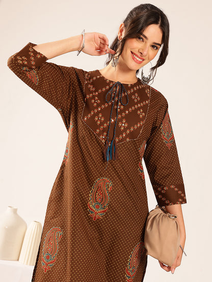 Brown Polka Dots Straight Cotton Stitched Kurta