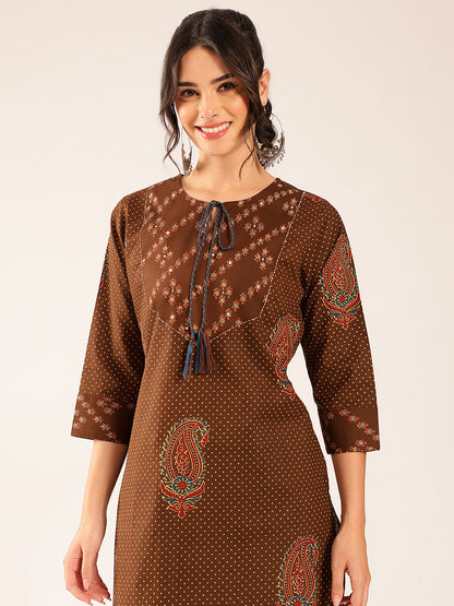 Brown Polka Dots Straight Cotton Stitched Kurta