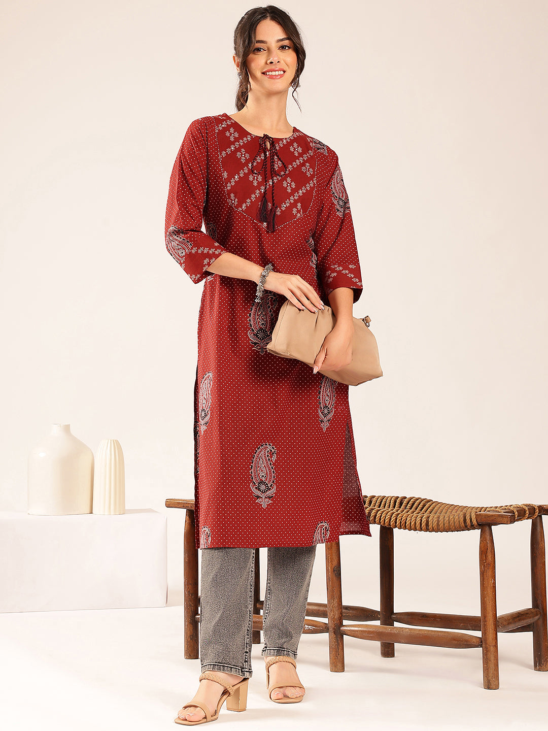 Rust Polka Dots Straight Cotton Stitched Kurta