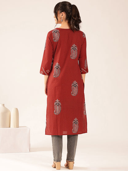 Rust Polka Dots Straight Cotton Stitched Kurta