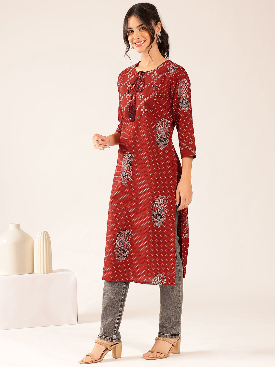 Rust Polka Dots Straight Cotton Stitched Kurta