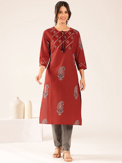 Rust Polka Dots Straight Cotton Stitched Kurta