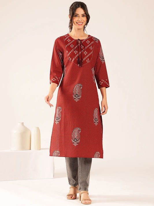 Rust Polka Dots Straight Cotton Stitched Kurta