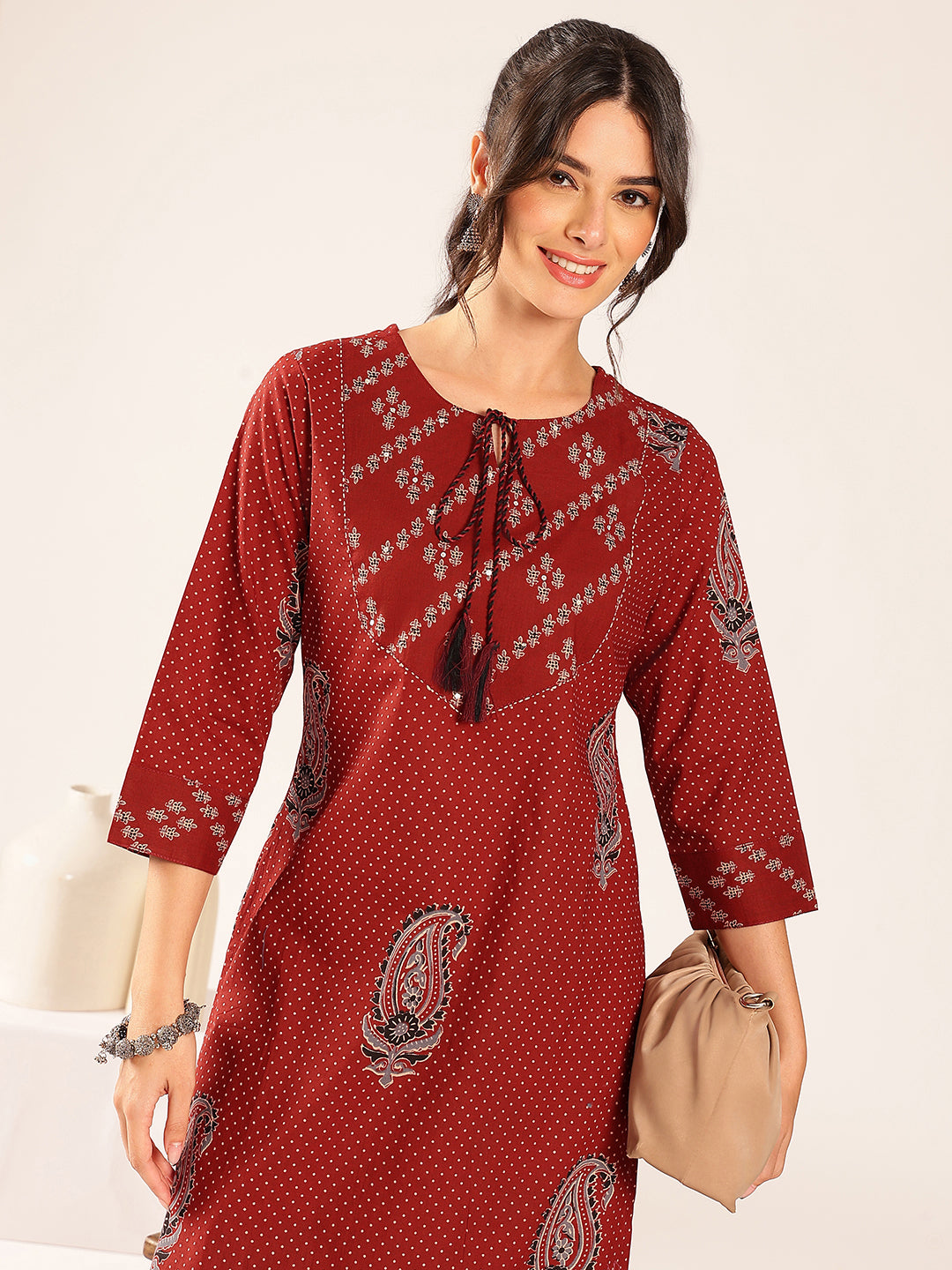 Rust Polka Dots Straight Cotton Stitched Kurta
