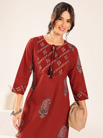 Rust Polka Dots Straight Cotton Stitched Kurta