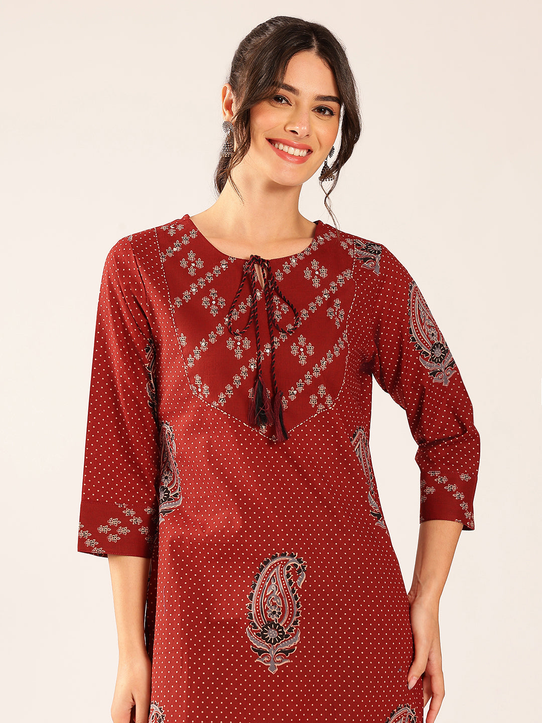 Rust Polka Dots Straight Cotton Stitched Kurta