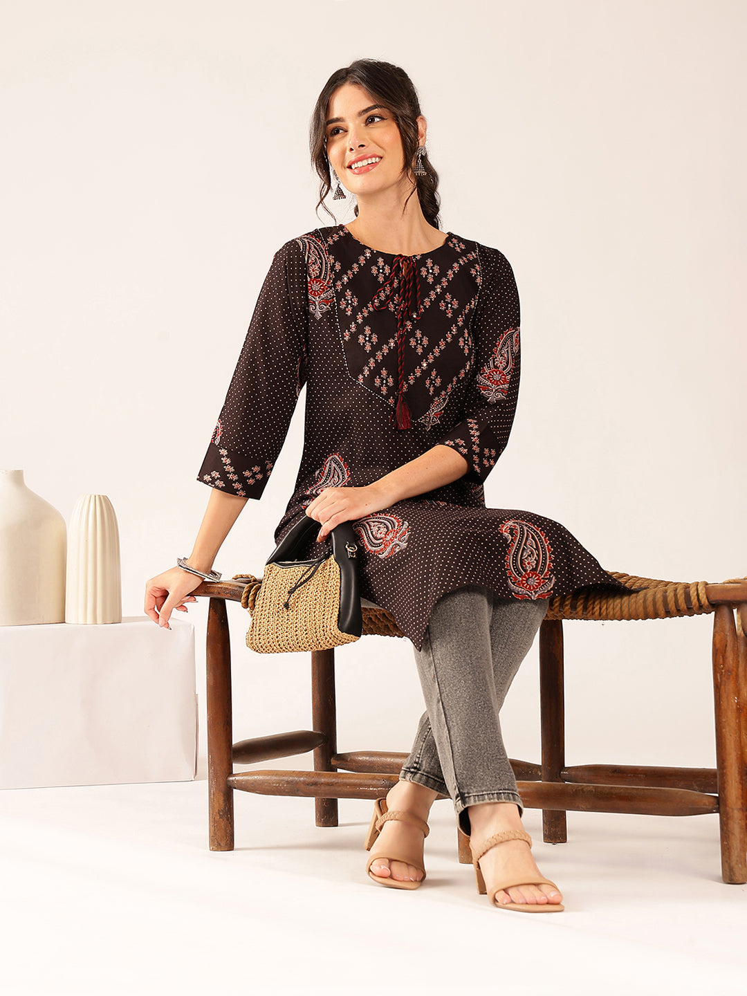 Black Polka Dots Straight Cotton Stitched Kurta