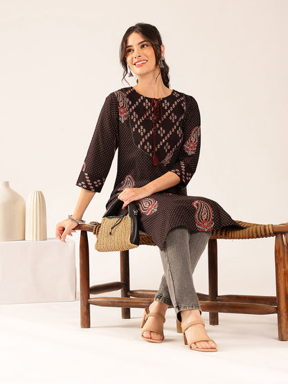 Black Polka Dots Straight Cotton Stitched Kurta