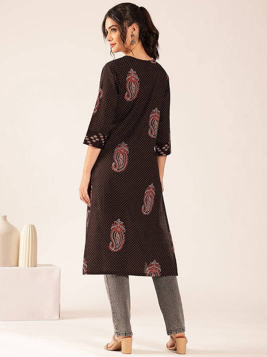 Black Polka Dots Straight Cotton Stitched Kurta