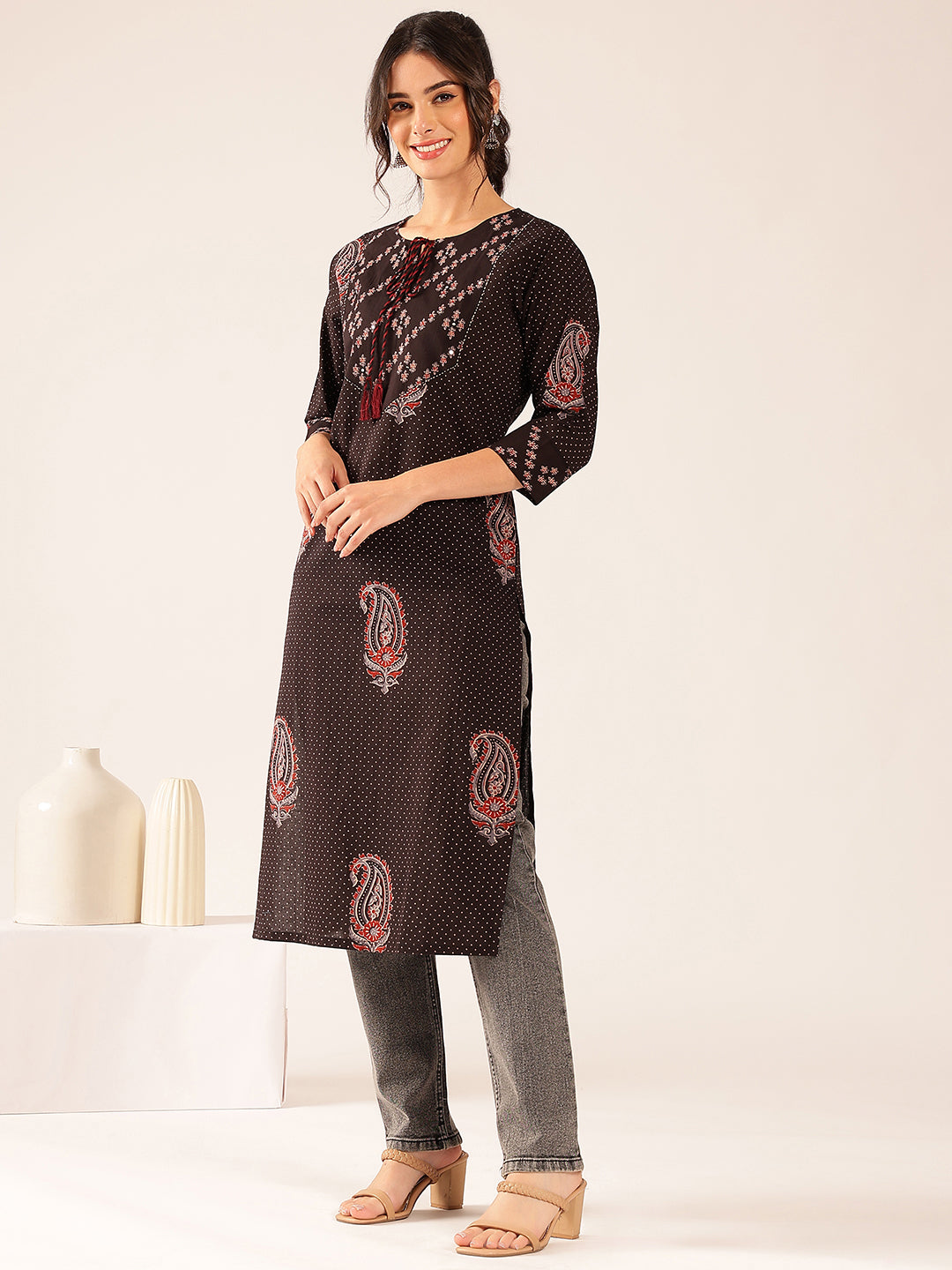 Black Polka Dots Straight Cotton Stitched Kurta