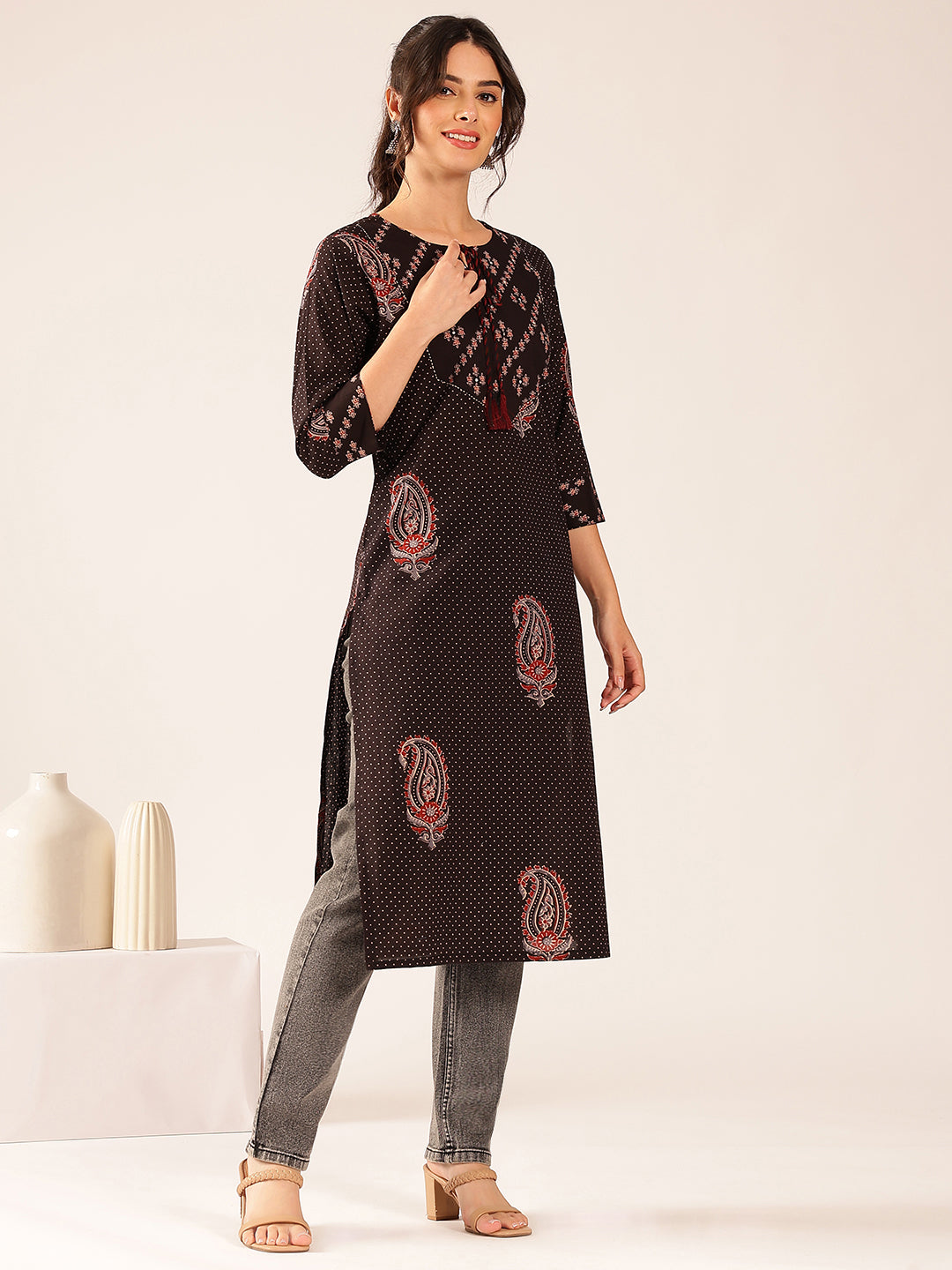 Black Polka Dots Straight Cotton Stitched Kurta
