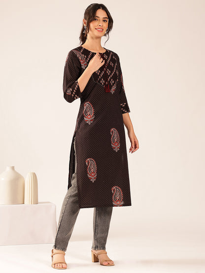 Black Polka Dots Straight Cotton Stitched Kurta