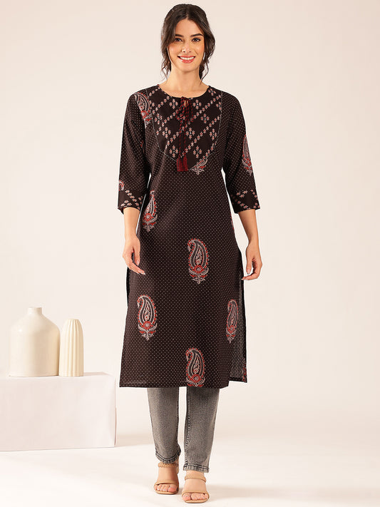 Black Polka Dots Straight Cotton Stitched Kurta