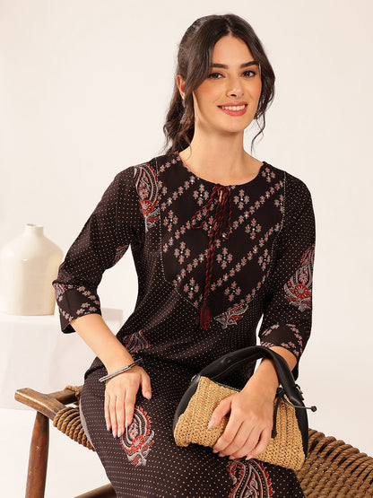 Black Polka Dots Straight Cotton Stitched Kurta