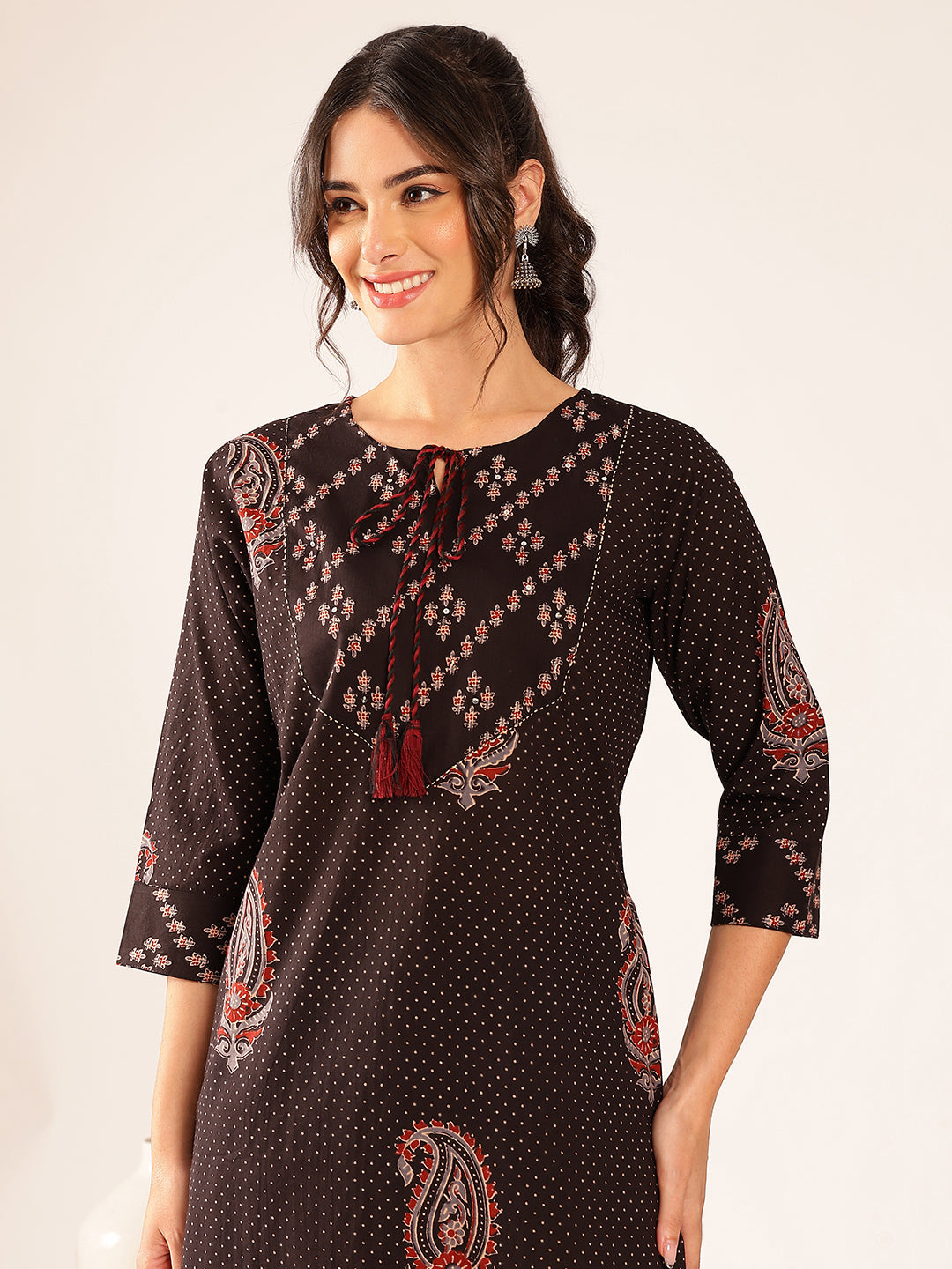 Black Polka Dots Straight Cotton Stitched Kurta