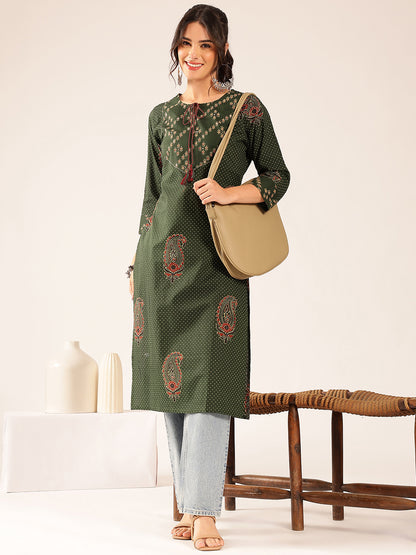Green Polka Dots Straight Cotton Stitched Kurta