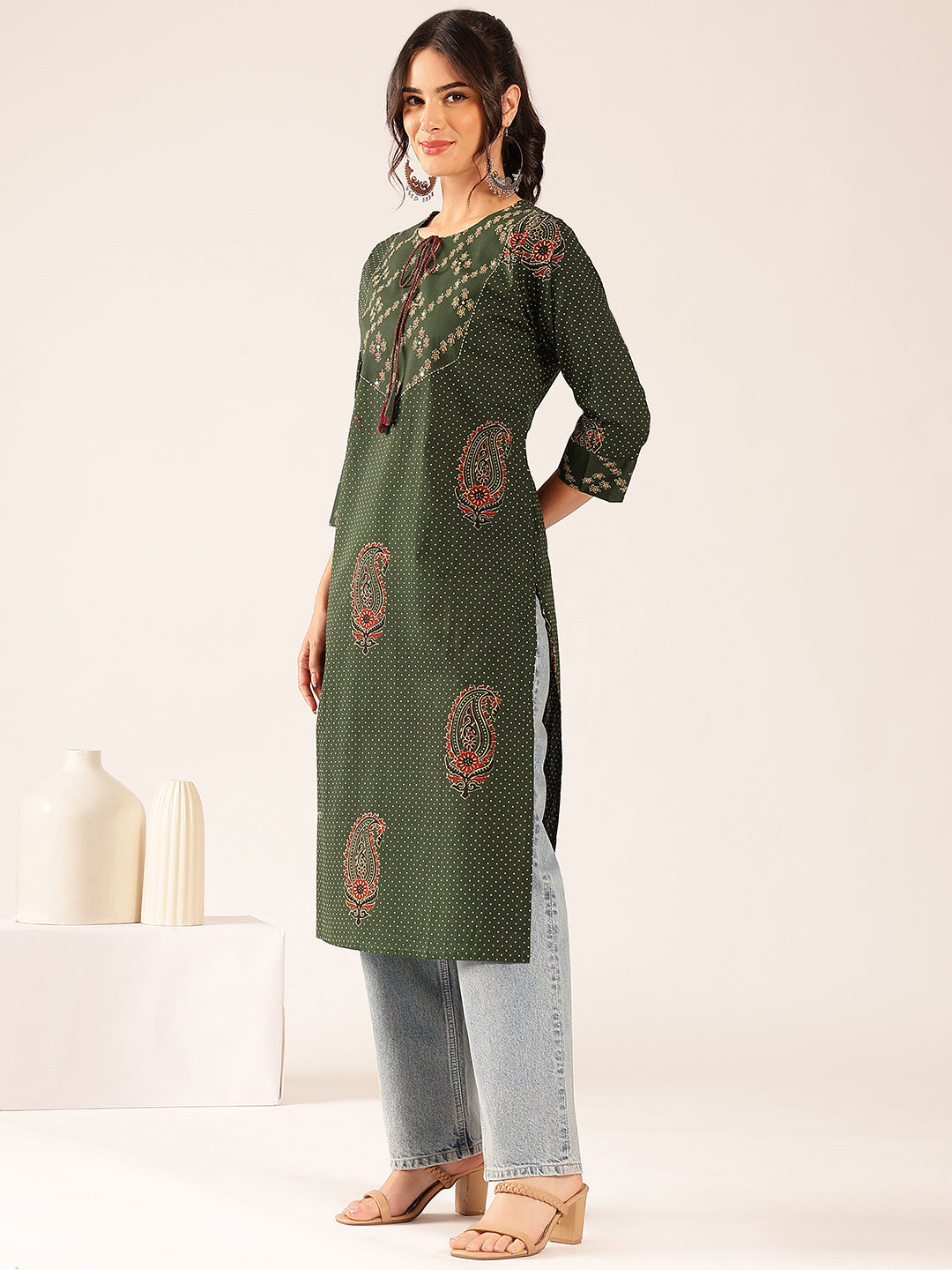 Green Polka Dots Straight Cotton Stitched Kurta