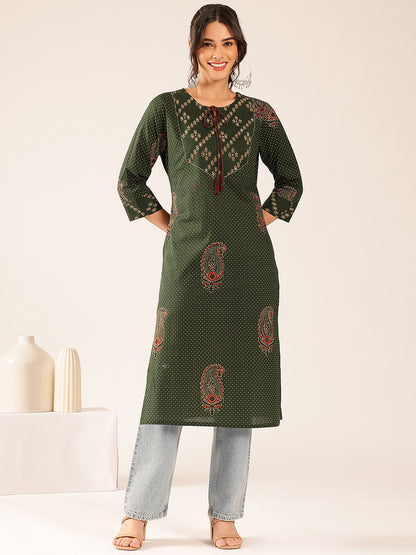 Green Polka Dots Straight Cotton Stitched Kurta