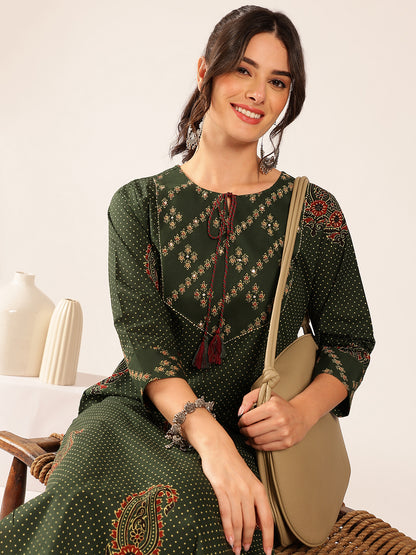 Green Polka Dots Straight Cotton Stitched Kurta