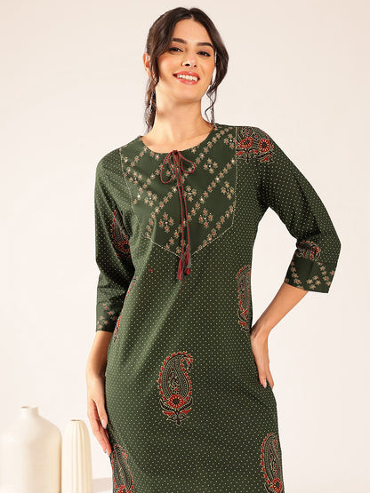 Green Polka Dots Straight Cotton Stitched Kurta