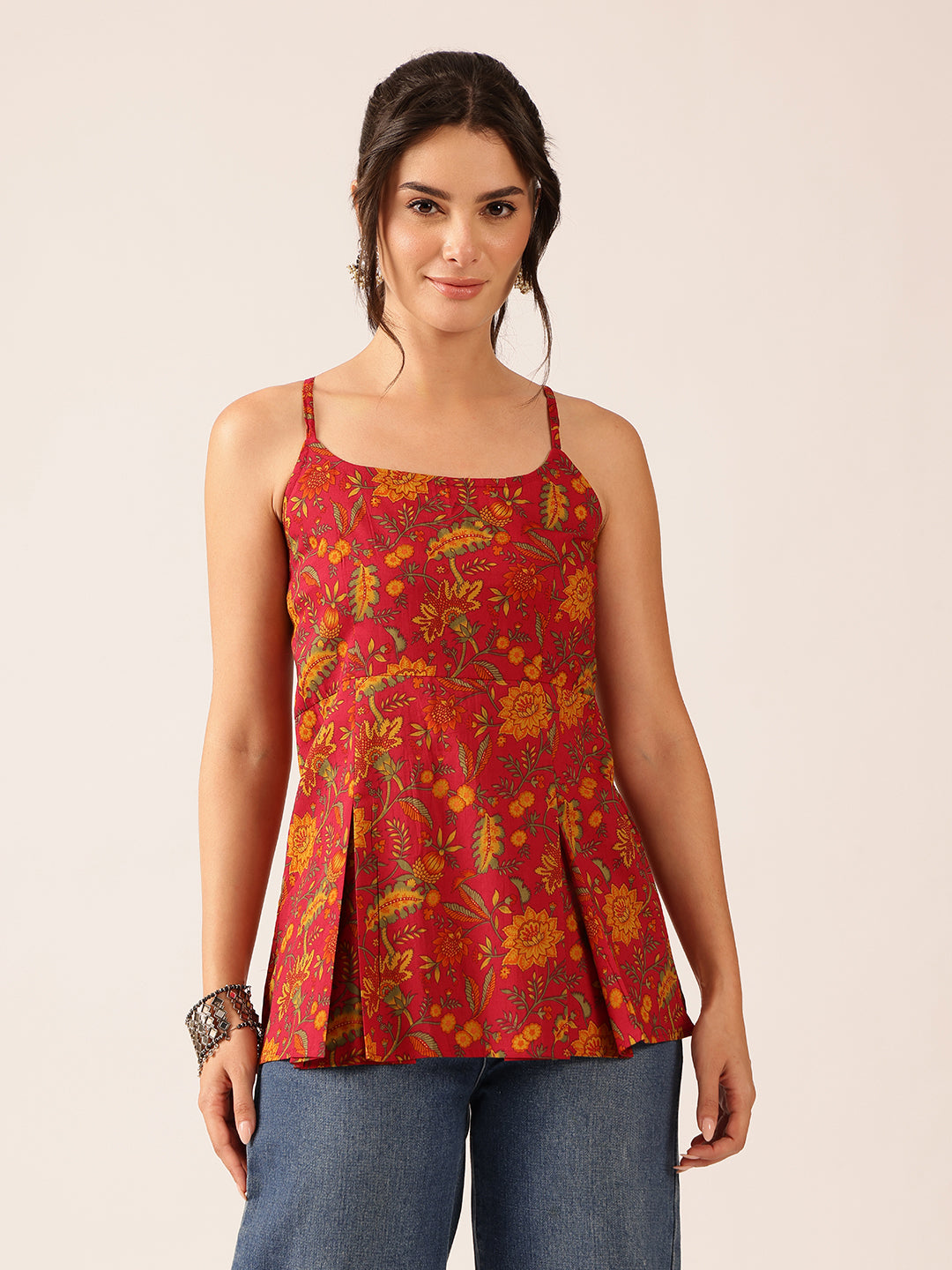 Coral Printed Flared Cotton Stitched Top