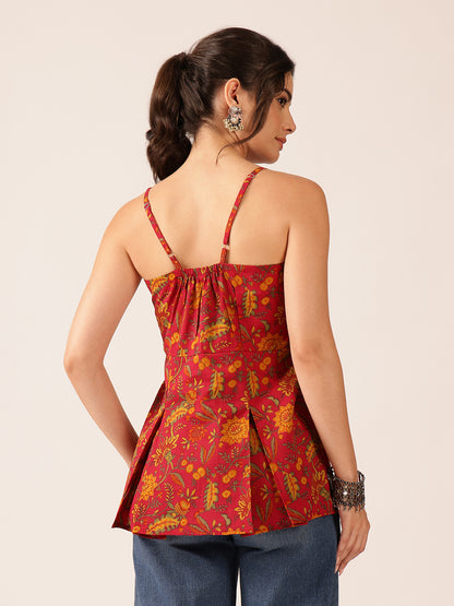 Coral Printed Flared Cotton Stitched Top