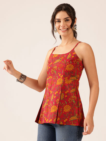 Coral Printed Flared Cotton Stitched Top