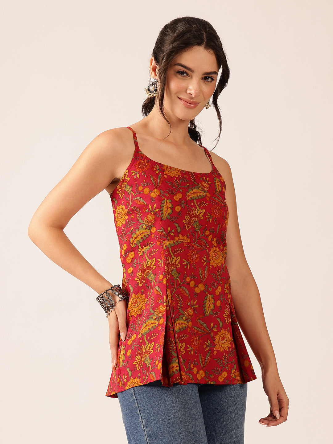 Coral Printed Flared Cotton Stitched Top