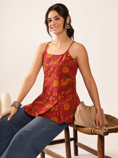 Coral Printed Flared Cotton Stitched Top