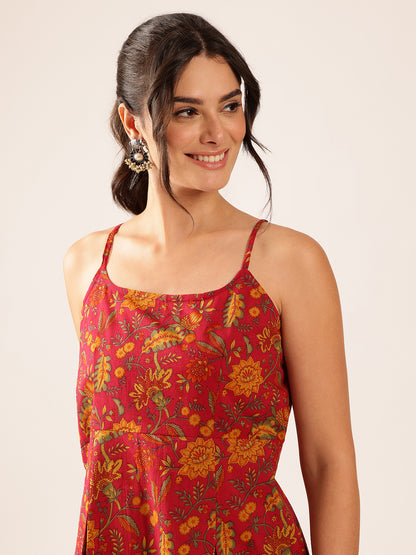 Coral Printed Flared Cotton Stitched Top