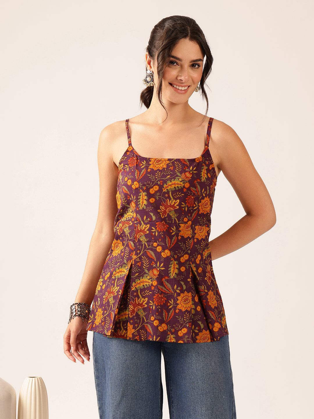 Wine Printed Flared Cotton Stitched Top