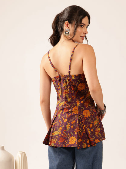 Wine Printed Flared Cotton Stitched Top