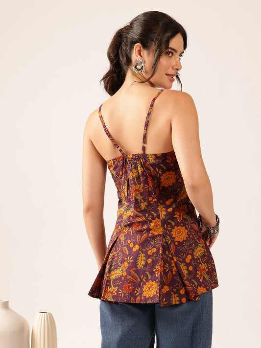 Wine Printed Flared Cotton Stitched Top