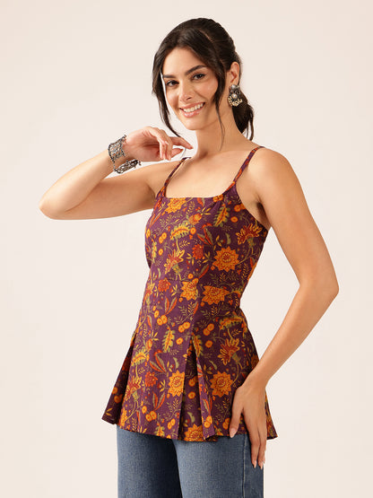 Wine Printed Flared Cotton Stitched Top