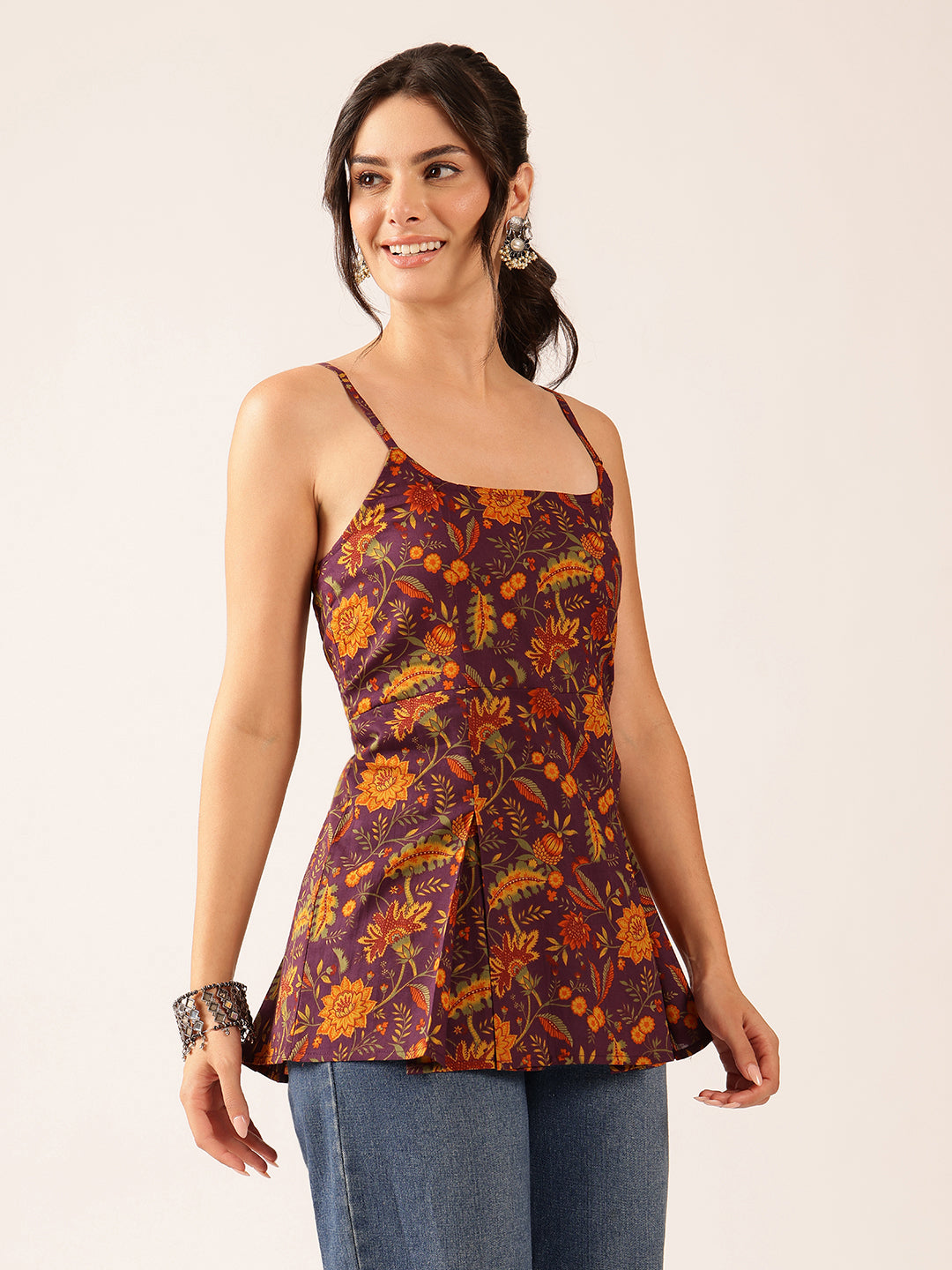 Wine Printed Flared Cotton Stitched Top