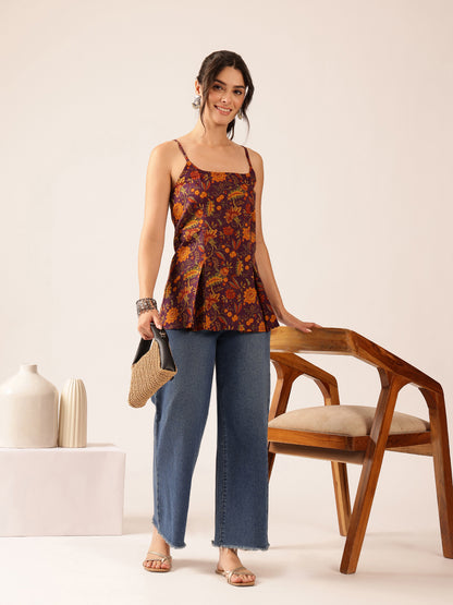 Wine Printed Flared Cotton Stitched Top