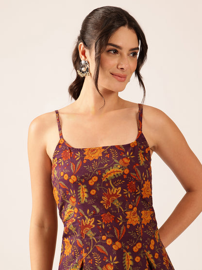 Wine Printed Flared Cotton Stitched Top