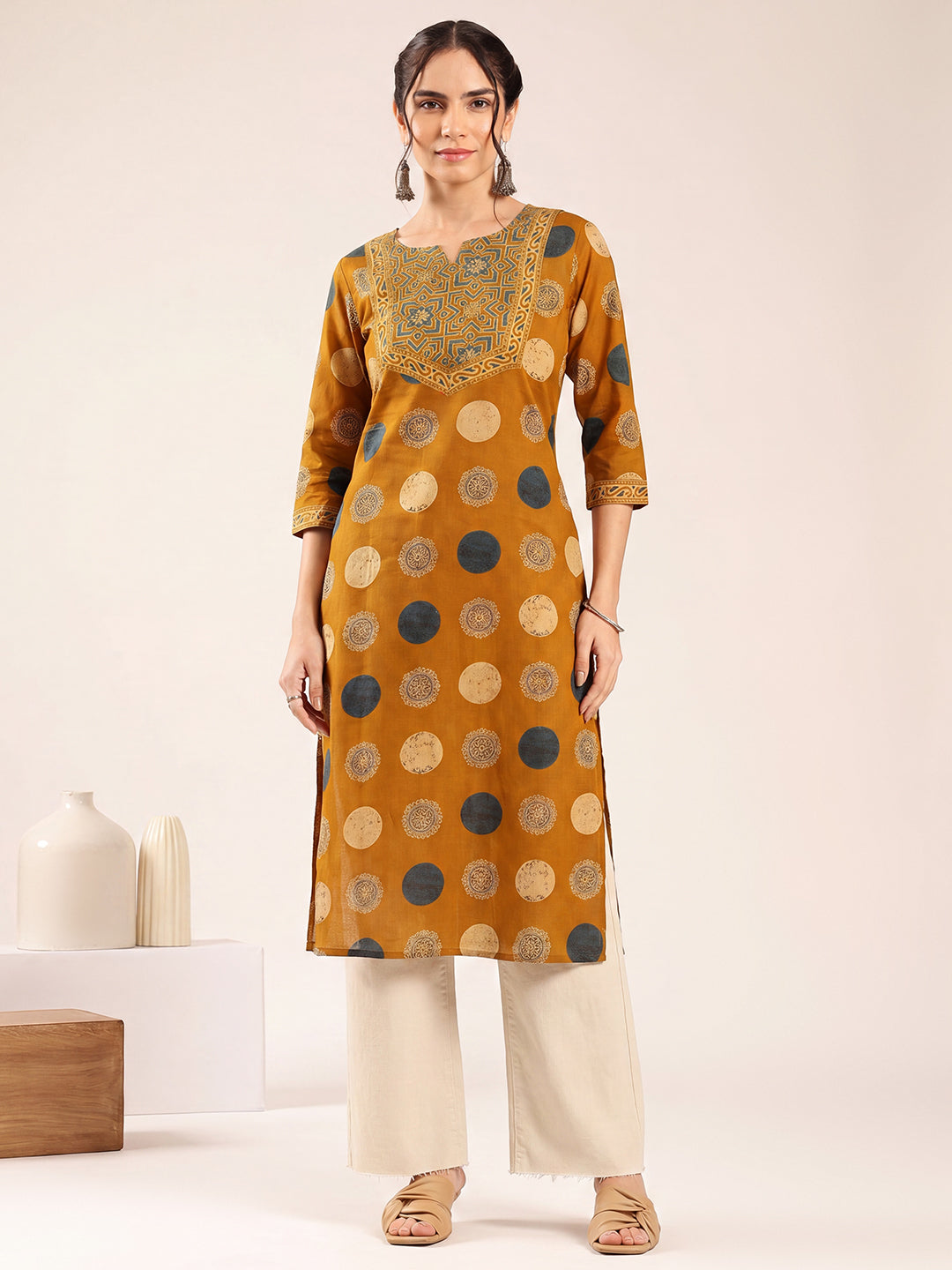 Mustard Ajrakh Straight Cotton Kurta