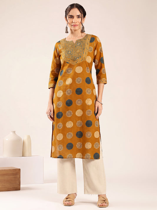 Mustard Ajrakh Straight Cotton Kurta