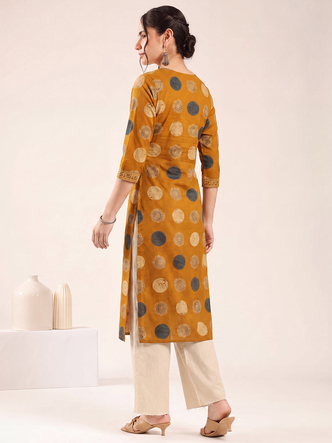 Mustard Ajrakh Straight Cotton Kurta