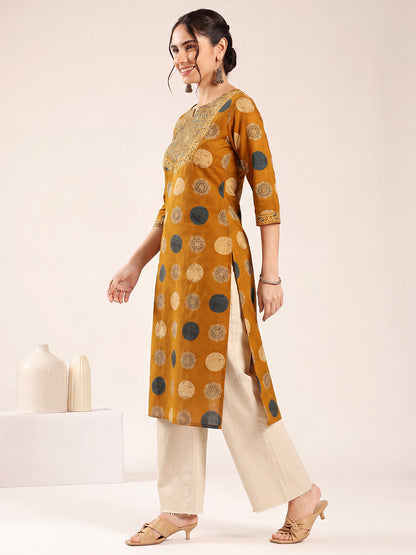 Mustard Ajrakh Straight Cotton Kurta